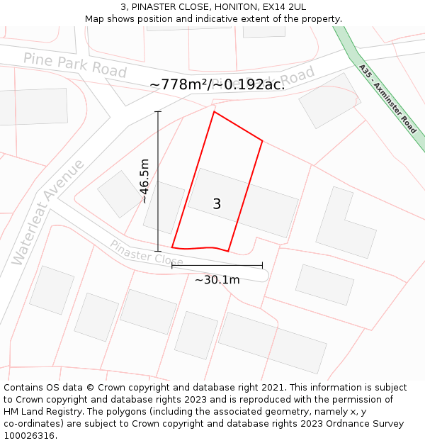 3, PINASTER CLOSE, HONITON, EX14 2UL: Plot and title map