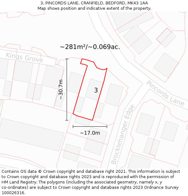 3, PINCORDS LANE, CRANFIELD, BEDFORD, MK43 1AA: Plot and title map