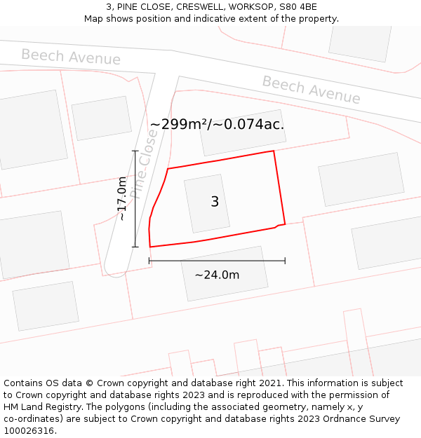 3, PINE CLOSE, CRESWELL, WORKSOP, S80 4BE: Plot and title map