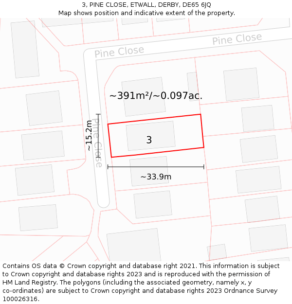 3, PINE CLOSE, ETWALL, DERBY, DE65 6JQ: Plot and title map