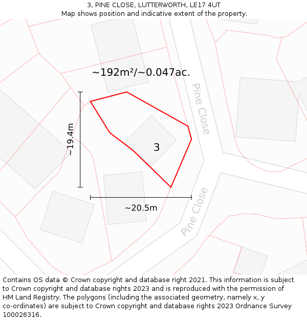 3, PINE CLOSE, LUTTERWORTH, LE17 4UT: Plot and title map
