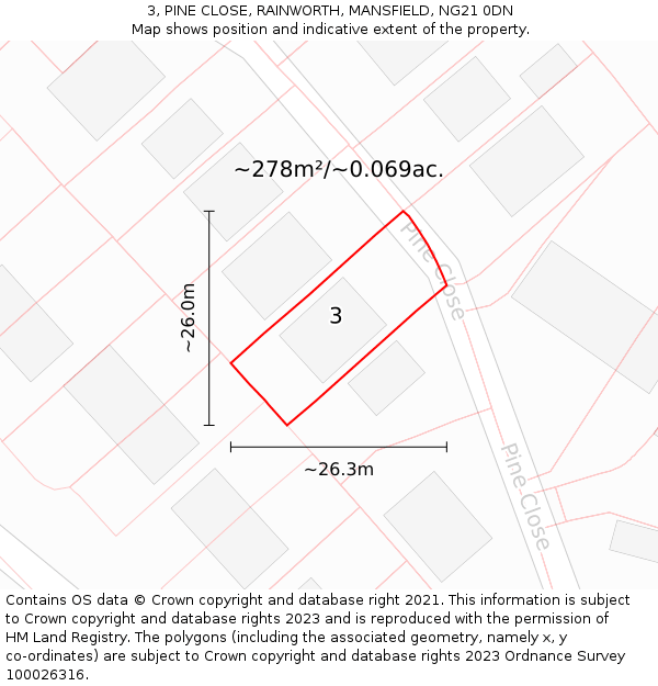 3, PINE CLOSE, RAINWORTH, MANSFIELD, NG21 0DN: Plot and title map