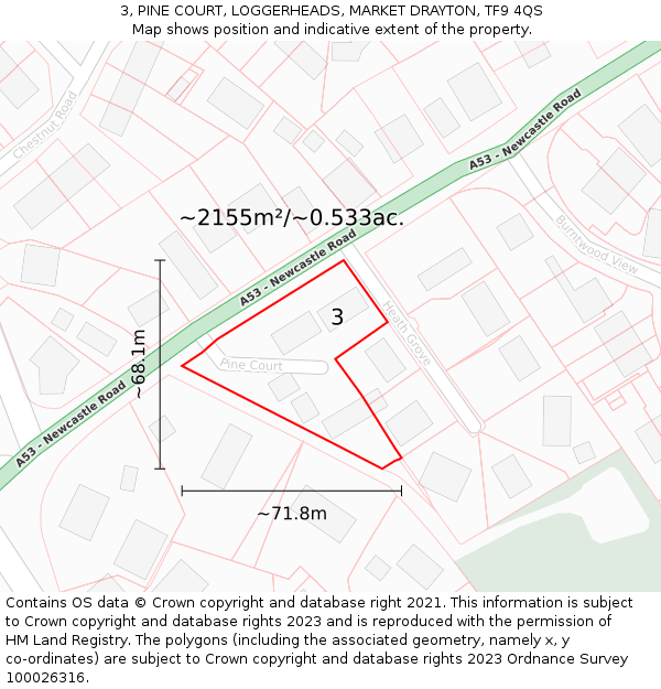3, PINE COURT, LOGGERHEADS, MARKET DRAYTON, TF9 4QS: Plot and title map