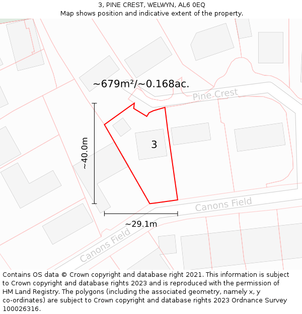 3, PINE CREST, WELWYN, AL6 0EQ: Plot and title map