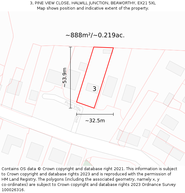 3, PINE VIEW CLOSE, HALWILL JUNCTION, BEAWORTHY, EX21 5XL: Plot and title map