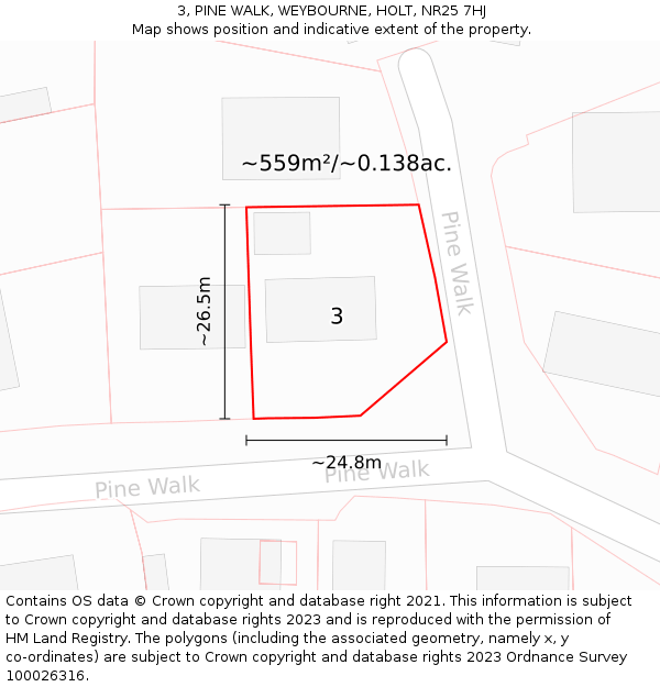 3, PINE WALK, WEYBOURNE, HOLT, NR25 7HJ: Plot and title map