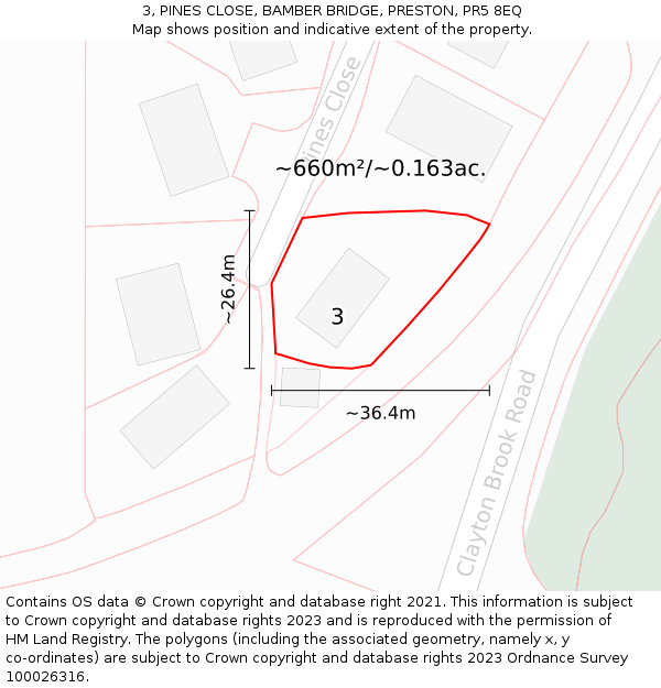 3, PINES CLOSE, BAMBER BRIDGE, PRESTON, PR5 8EQ: Plot and title map