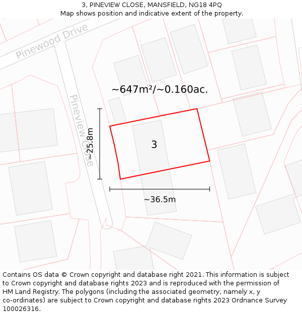 3, PINEVIEW CLOSE, MANSFIELD, NG18 4PQ: Plot and title map
