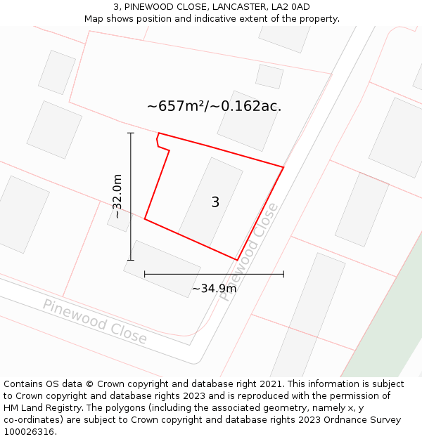 3, PINEWOOD CLOSE, LANCASTER, LA2 0AD: Plot and title map
