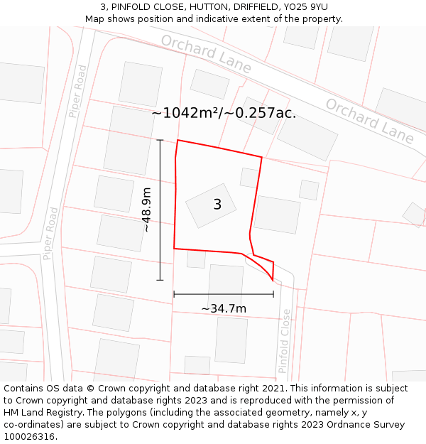 3, PINFOLD CLOSE, HUTTON, DRIFFIELD, YO25 9YU: Plot and title map