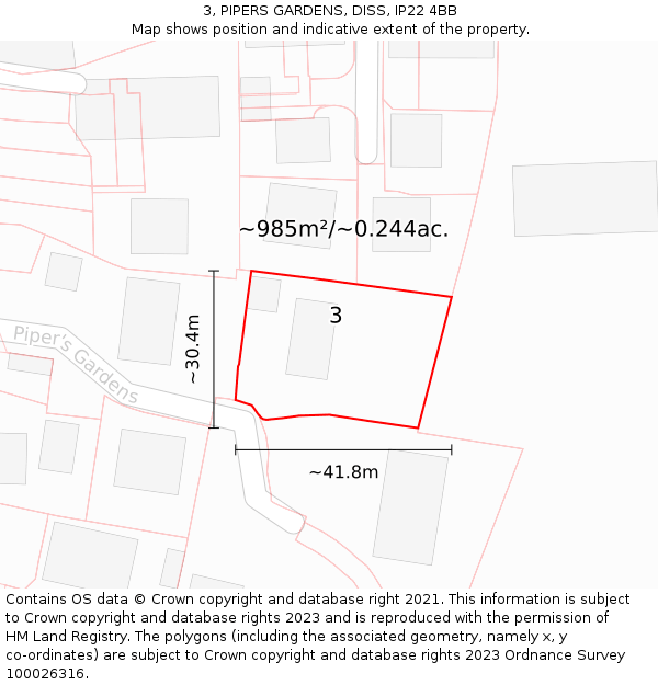 3, PIPERS GARDENS, DISS, IP22 4BB: Plot and title map