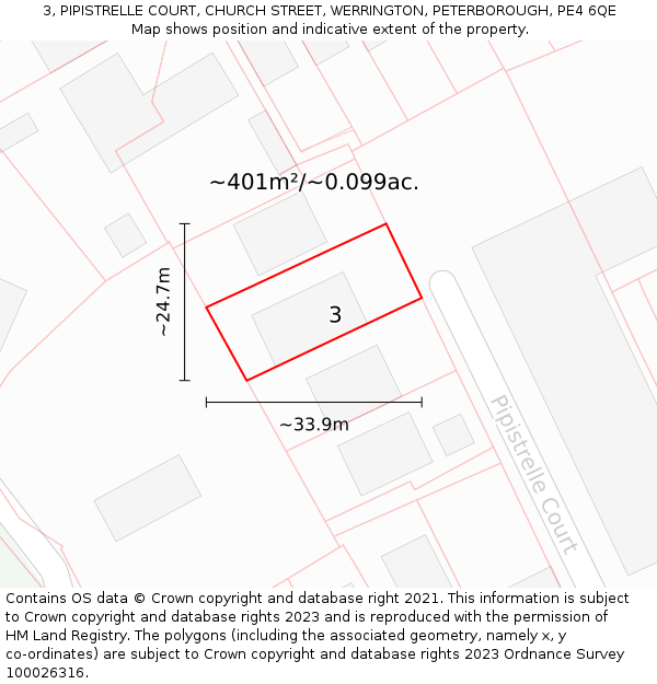 3, PIPISTRELLE COURT, CHURCH STREET, WERRINGTON, PETERBOROUGH, PE4 6QE: Plot and title map