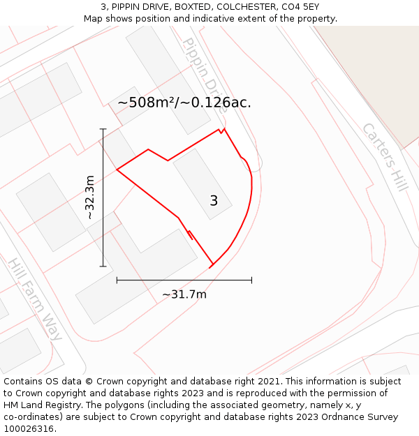 3, PIPPIN DRIVE, BOXTED, COLCHESTER, CO4 5EY: Plot and title map