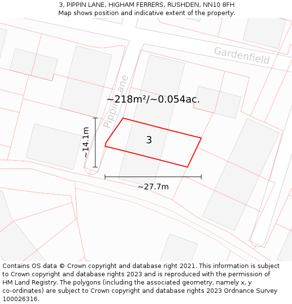 3, PIPPIN LANE, HIGHAM FERRERS, RUSHDEN, NN10 8FH: Plot and title map