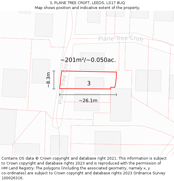 3, PLANE TREE CROFT, LEEDS, LS17 8UQ: Plot and title map