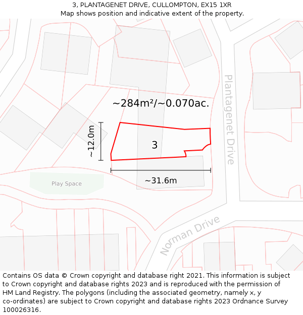 3, PLANTAGENET DRIVE, CULLOMPTON, EX15 1XR: Plot and title map