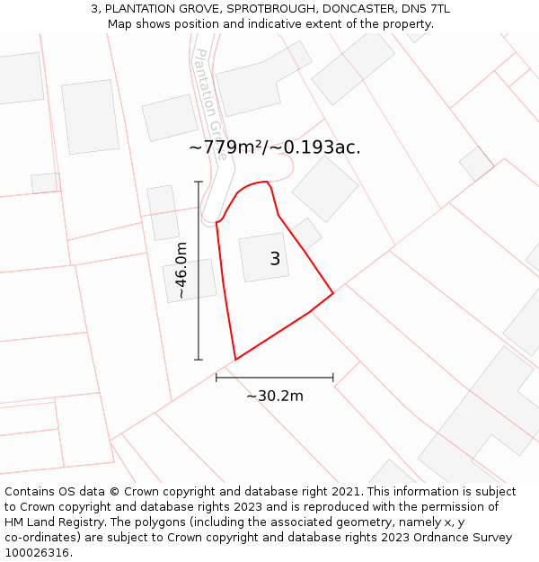 3, PLANTATION GROVE, SPROTBROUGH, DONCASTER, DN5 7TL: Plot and title map