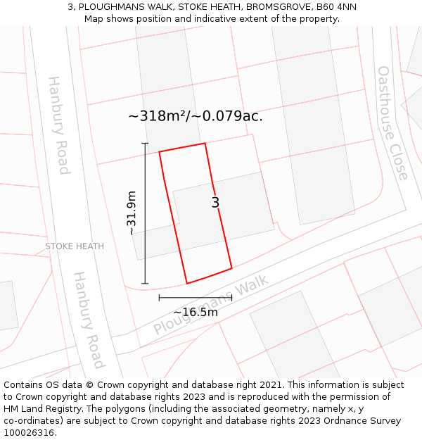 3, PLOUGHMANS WALK, STOKE HEATH, BROMSGROVE, B60 4NN: Plot and title map