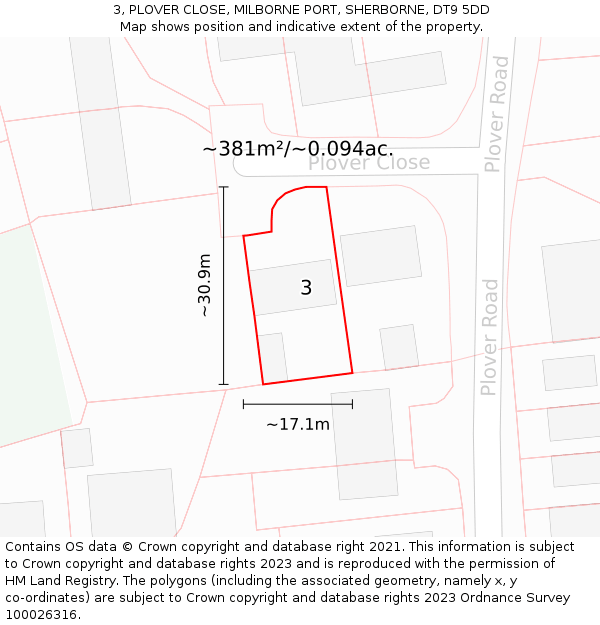 3, PLOVER CLOSE, MILBORNE PORT, SHERBORNE, DT9 5DD: Plot and title map
