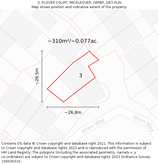 3, PLOVER COURT, MICKLEOVER, DERBY, DE3 0UN: Plot and title map