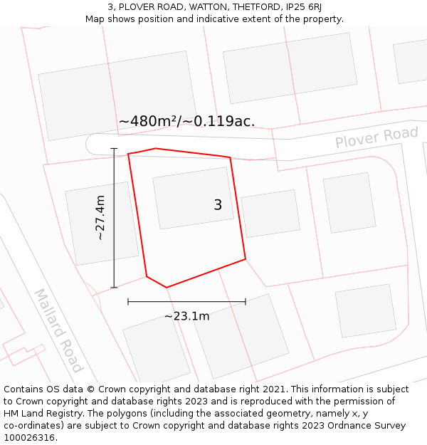 3, PLOVER ROAD, WATTON, THETFORD, IP25 6RJ: Plot and title map