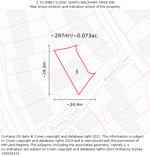3, PLUMBLY CLOSE, NORTH WALSHAM, NR28 9YB: Plot and title map