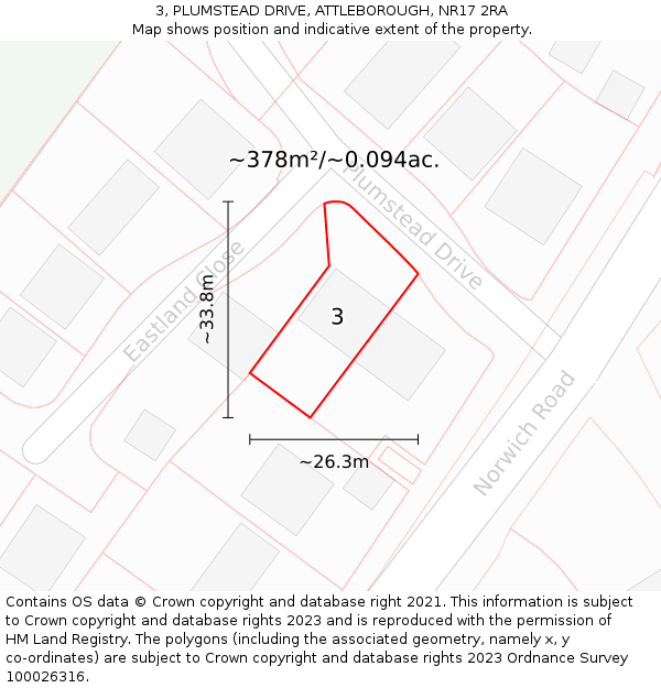 3, PLUMSTEAD DRIVE, ATTLEBOROUGH, NR17 2RA: Plot and title map