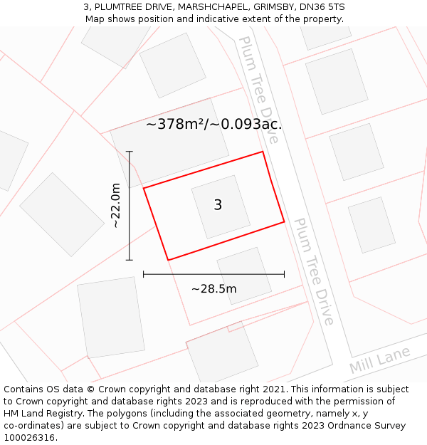 3, PLUMTREE DRIVE, MARSHCHAPEL, GRIMSBY, DN36 5TS: Plot and title map