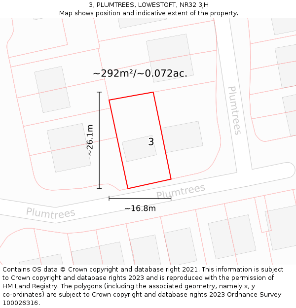3, PLUMTREES, LOWESTOFT, NR32 3JH: Plot and title map