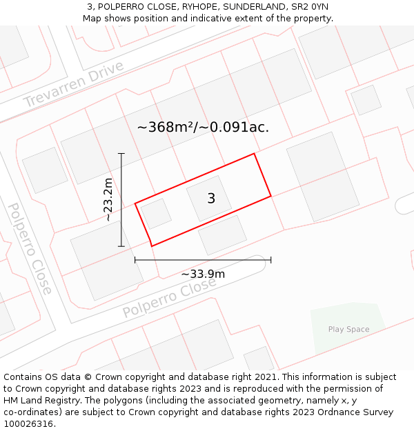3, POLPERRO CLOSE, RYHOPE, SUNDERLAND, SR2 0YN: Plot and title map