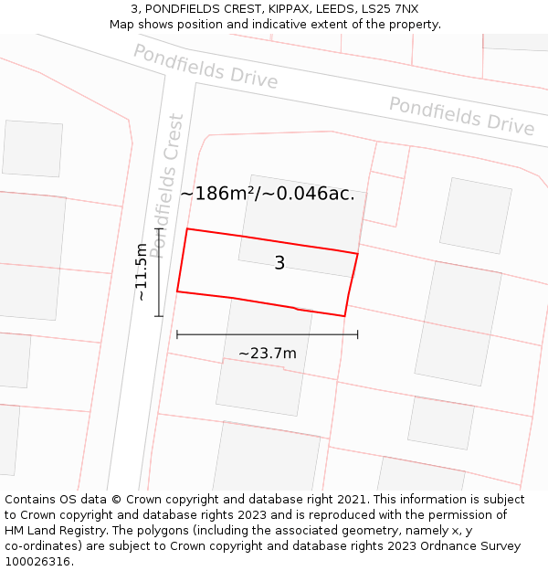 3, PONDFIELDS CREST, KIPPAX, LEEDS, LS25 7NX: Plot and title map