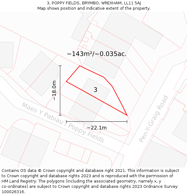 3, POPPY FIELDS, BRYMBO, WREXHAM, LL11 5AJ: Plot and title map