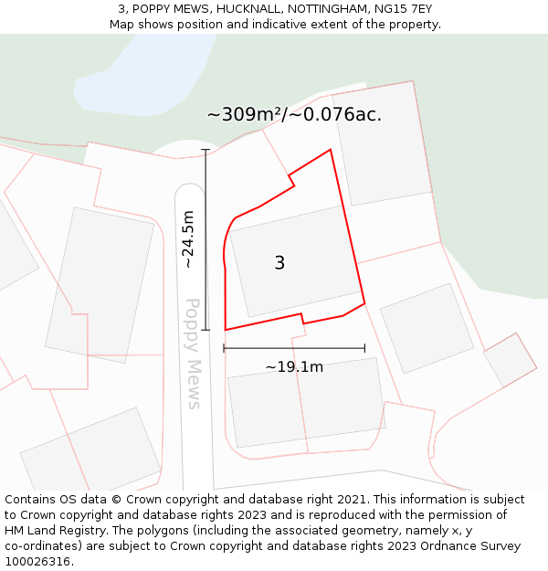 3, POPPY MEWS, HUCKNALL, NOTTINGHAM, NG15 7EY: Plot and title map