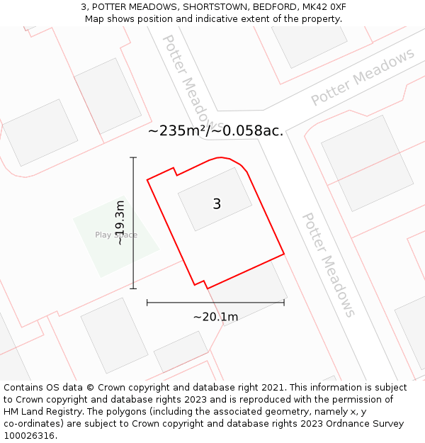 3, POTTER MEADOWS, SHORTSTOWN, BEDFORD, MK42 0XF: Plot and title map