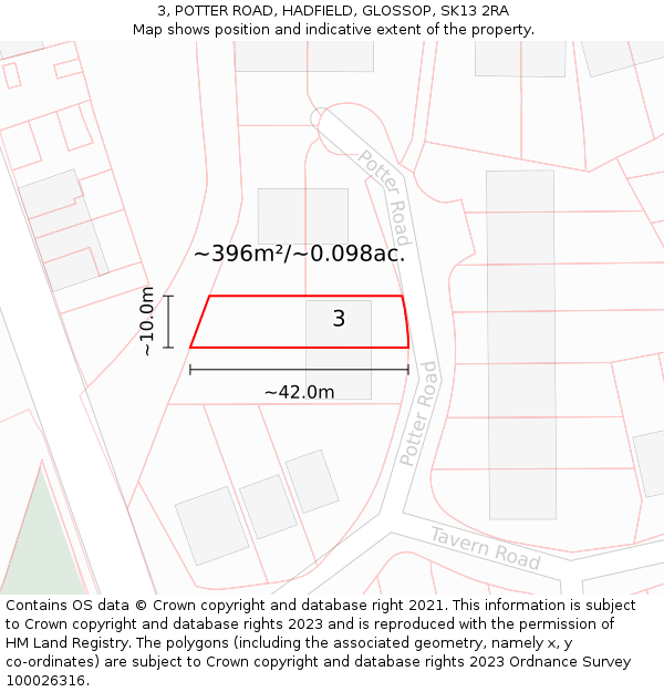 3, POTTER ROAD, HADFIELD, GLOSSOP, SK13 2RA: Plot and title map