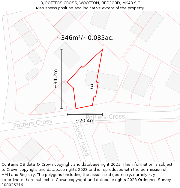 3, POTTERS CROSS, WOOTTON, BEDFORD, MK43 9JG: Plot and title map