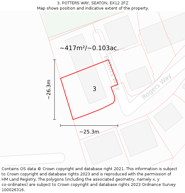 3, POTTERS WAY, SEATON, EX12 2FZ: Plot and title map