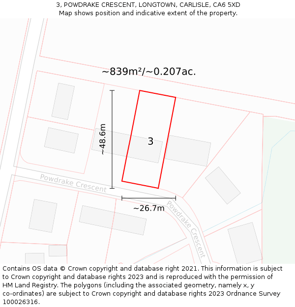 3, POWDRAKE CRESCENT, LONGTOWN, CARLISLE, CA6 5XD: Plot and title map