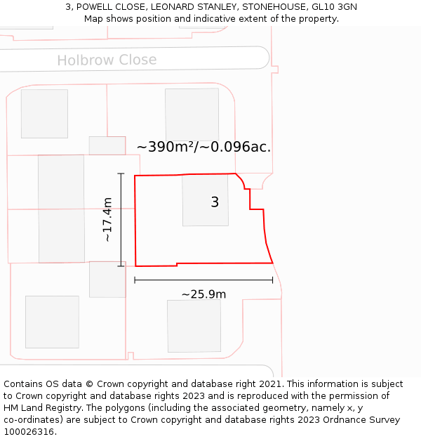 3, POWELL CLOSE, LEONARD STANLEY, STONEHOUSE, GL10 3GN: Plot and title map