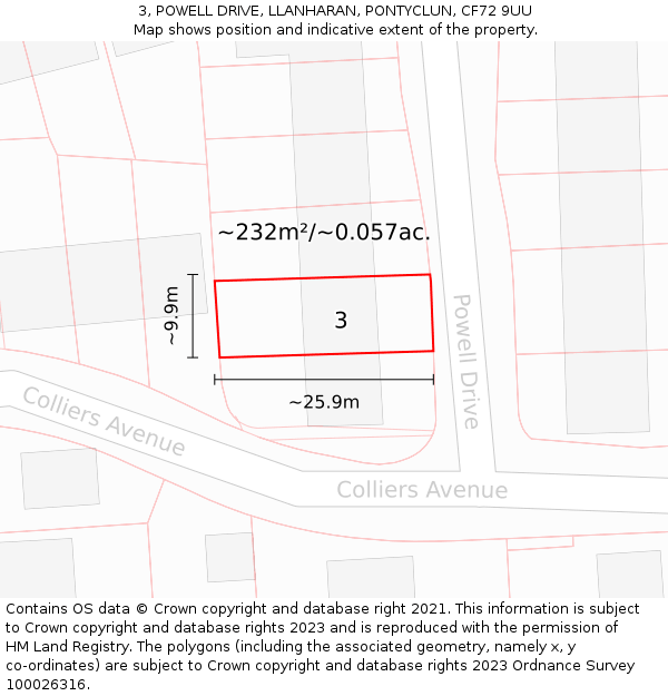 3, POWELL DRIVE, LLANHARAN, PONTYCLUN, CF72 9UU: Plot and title map