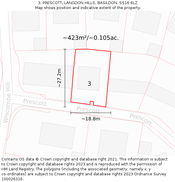3, PRESCOTT, LANGDON HILLS, BASILDON, SS16 6LZ: Plot and title map