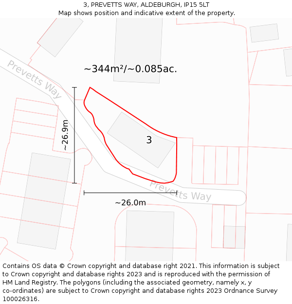 3, PREVETTS WAY, ALDEBURGH, IP15 5LT: Plot and title map