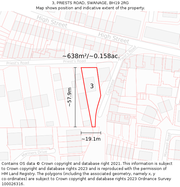 3, PRIESTS ROAD, SWANAGE, BH19 2RG: Plot and title map
