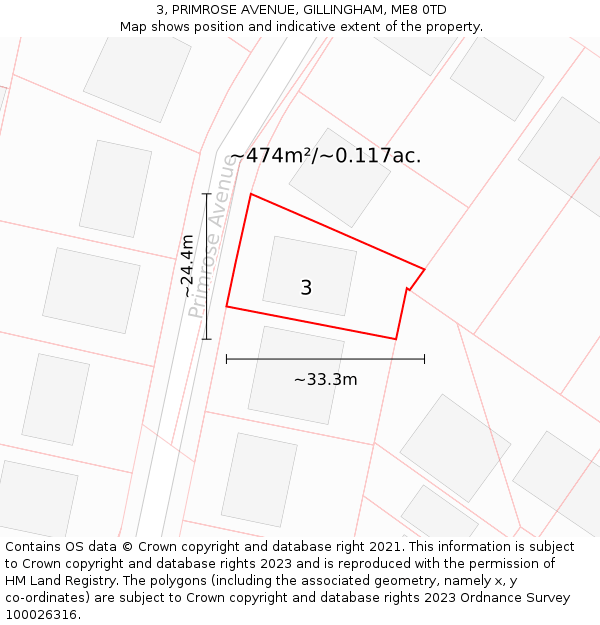 3, PRIMROSE AVENUE, GILLINGHAM, ME8 0TD: Plot and title map