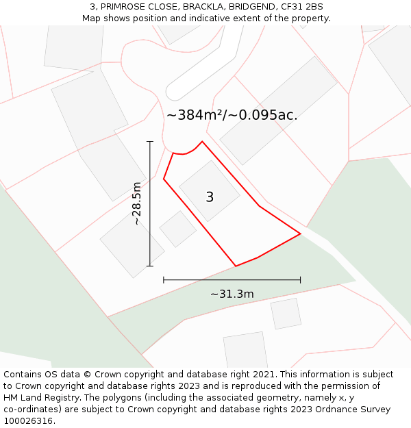 3, PRIMROSE CLOSE, BRACKLA, BRIDGEND, CF31 2BS: Plot and title map