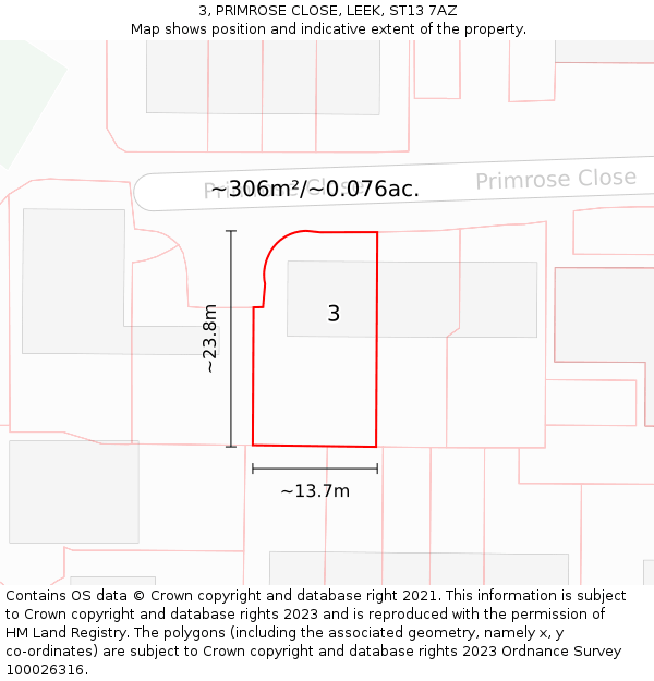 3, PRIMROSE CLOSE, LEEK, ST13 7AZ: Plot and title map
