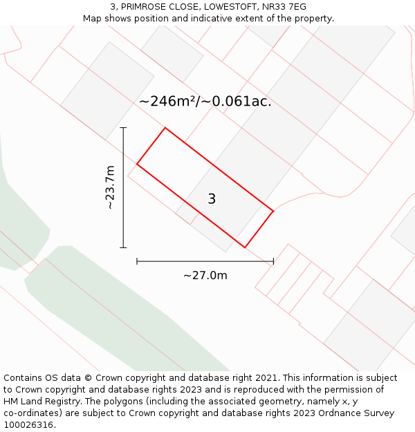 3, PRIMROSE CLOSE, LOWESTOFT, NR33 7EG: Plot and title map