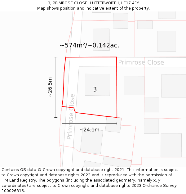 3, PRIMROSE CLOSE, LUTTERWORTH, LE17 4FY: Plot and title map