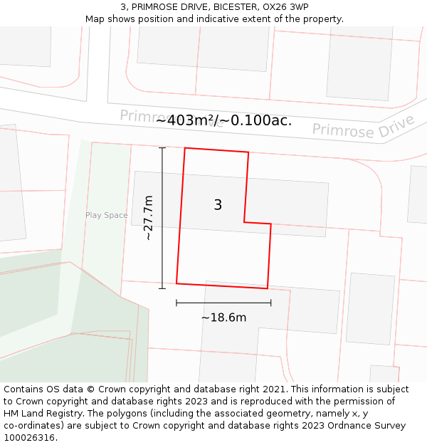3, PRIMROSE DRIVE, BICESTER, OX26 3WP: Plot and title map