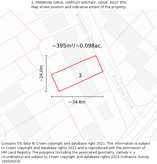 3, PRIMROSE DRIVE, HARTLEY WINTNEY, HOOK, RG27 8TN: Plot and title map